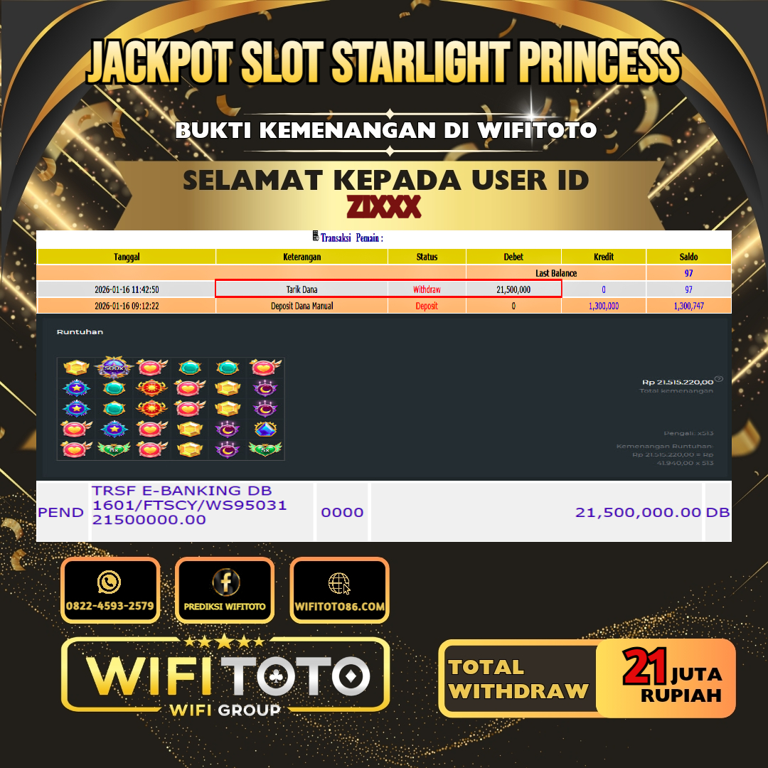 WIFITOTO JACKPOT SLOT STARLIGHT PRINCESS RP.21.000.000.,-LUNAS USER ID : ZI***	
