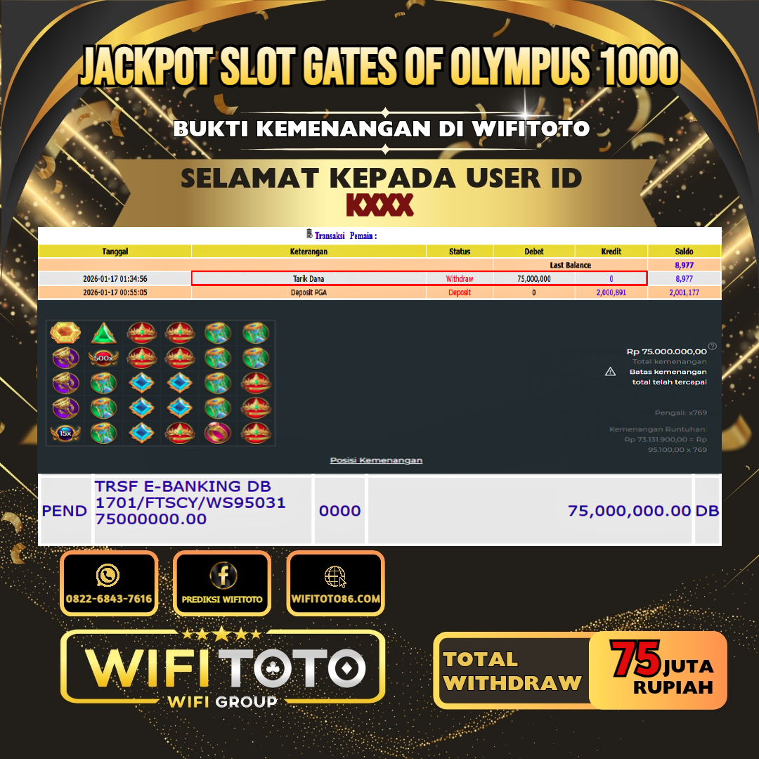 WIFITOTO JACKPOT SLOT GATES OF OLYMPUS 1000 RP.75.000.000.,-LUNAS USER ID : KX***	