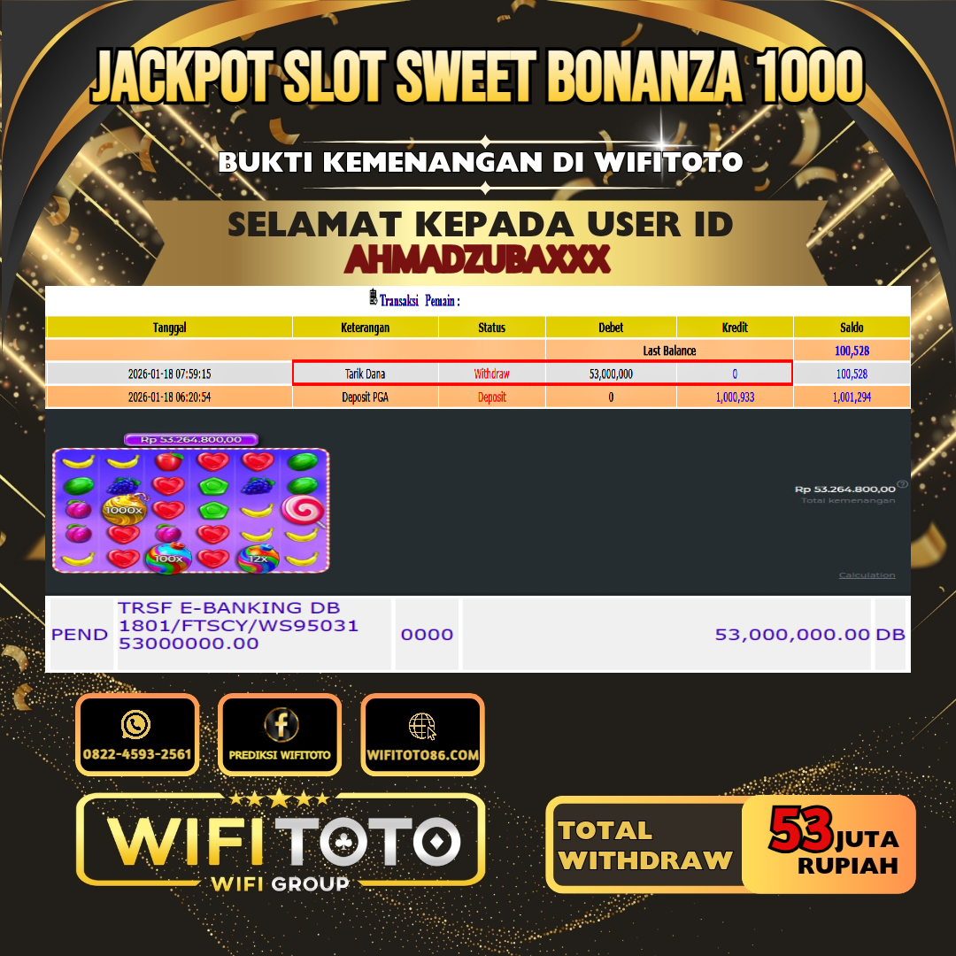 WIFITOTO JACKPOT SLOT SWEET BONANZA 1000 RP.53.000.000.,-LUNAS USER ID : AHMADZUBA***	