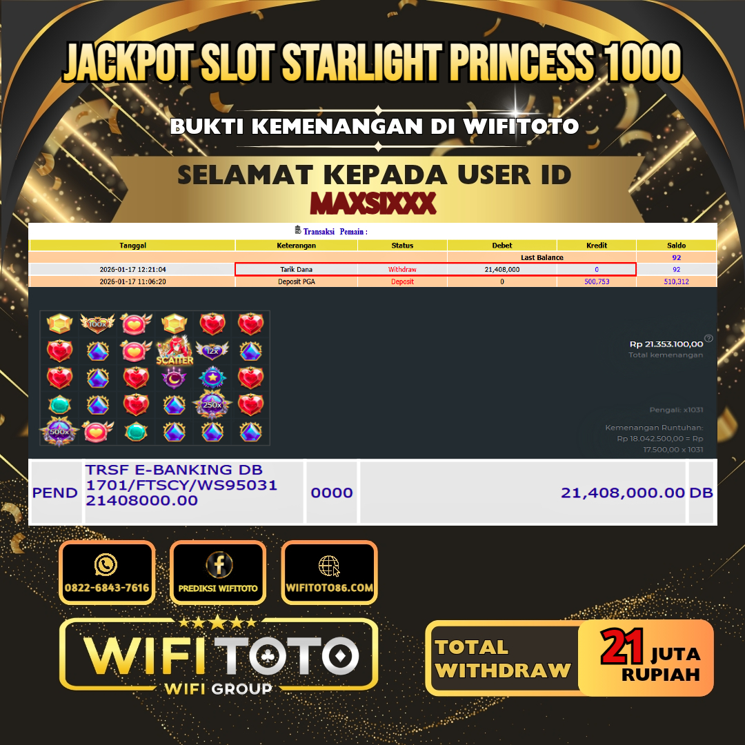WIFITOTO JACKPOT SLOT STARLIGHT PRINCESS 1000 RP.21.000.000.,-LUNAS USER ID :  MAXSI***	