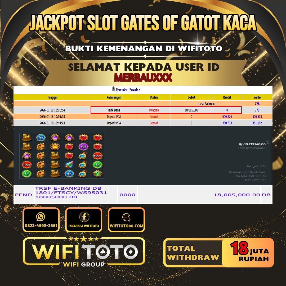 WIFITOTO JACKPOT SLOT GATES OF GATOT KACA RP.18.000.000.,-LUNAS USER ID : MERBAU***	